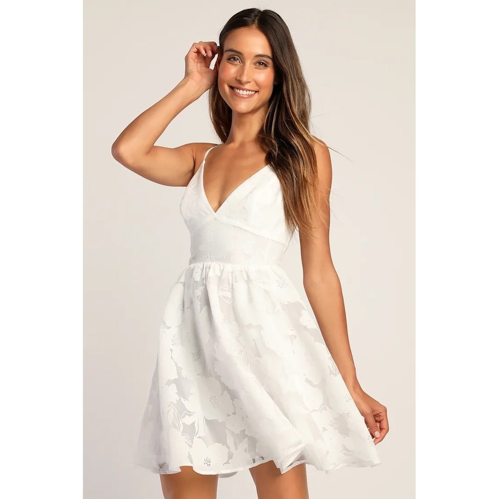 Lulus White Floral Feelings Jacquard Bridal Feminine Babydoll Mini Dress Size L